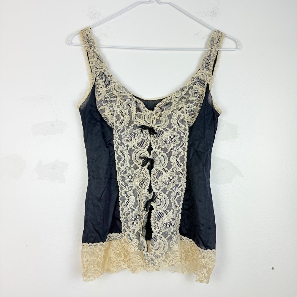 Vintage Crepelon Lace Cami Black Ivory Y2K Lingerie Fairy Grunge Romantic Sheer
